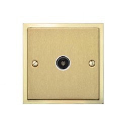 1 Gang Non-Isolated TV Coaxial Socket in Satin Brass Plate with Polished Brass Edge and White Trim, Elite Stepped Flat Plate