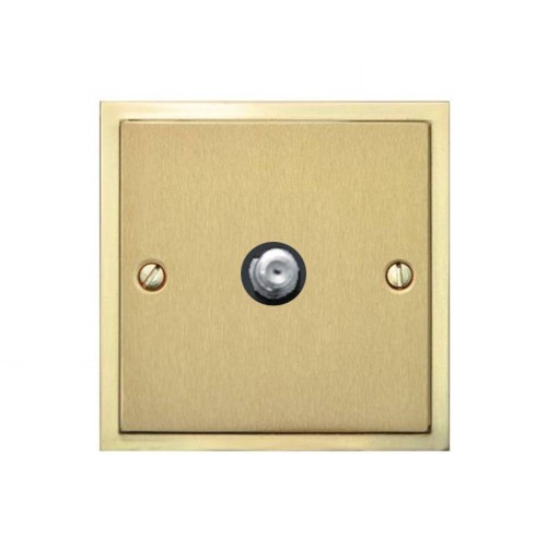 1 Gang Satellite Socket in Satin Brass Plate with Polished Brass Edge and Black Trim, Elite Stepped Flat Plate