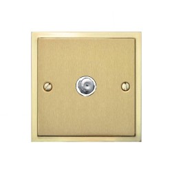 1 Gang Satellite Socket in Satin Brass Plate with Polished Brass Edge and White Trim, Elite Stepped Flat Plate