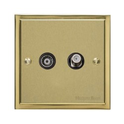 TV / Satellite Socket in Satin Brass Plate with Polished Brass Edge and Black Trim, Elite Stepped Flat Plate