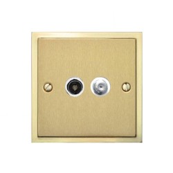 TV / Satellite Socket in Satin Brass Plate with Polished Brass Edge and White Trim, Elite Stepped Flat Plate