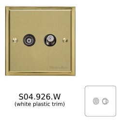 TV / Satellite Socket in Satin Brass Plate with Polished Brass Edge and White Trim, Elite Stepped Flat Plate