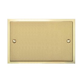 2 Gang Double Section Blank Plate in Satin Brass Plate with Polished Brass Edge, Elite Stepped Flat Plate