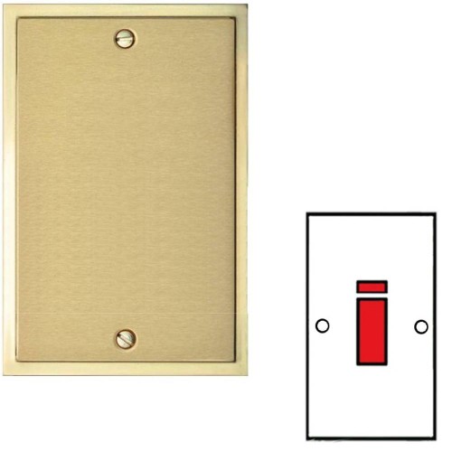 45A Red Rocker Cooker Switch with Neon (Twin Plate) in Satin Brass Plate with Polished Brass Edge and White Trim, Elite Stepped Flat Plate