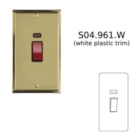 45A Red Rocker Cooker Switch with Neon (Twin Plate) in Satin Brass Plate with Polished Brass Edge and White Trim, Elite Stepped Flat Plate