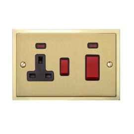 45A Cooker Unit with 13A Switched Socket and Neon in Satin Brass Plate with Polished Brass Edge and Black Trim, Elite Stepped Flat Plate