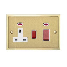45A Cooker Unit with 13A Switched Socket and Neon in Satin Brass Plate with Polished Brass Edge and White Trim, Elite Stepped Flat Plate