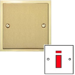 45A Red Rocker Cooker Switch (Single Plate) with Neon in Satin Brass Plate with Polished Brass Edge and White Trim, Elite Stepped Flat Plate