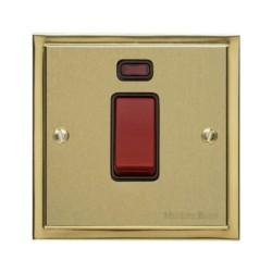 45A Red Rocker Cooker Switch (Single Plate) with Neon in Satin Brass Plate with Polished Brass Edge and Black Trim, Elite Stepped Flat Plate