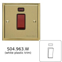 45A Red Rocker Cooker Switch (Single Plate) with Neon in Satin Brass Plate with Polished Brass Edge and White Trim, Elite Stepped Flat Plate