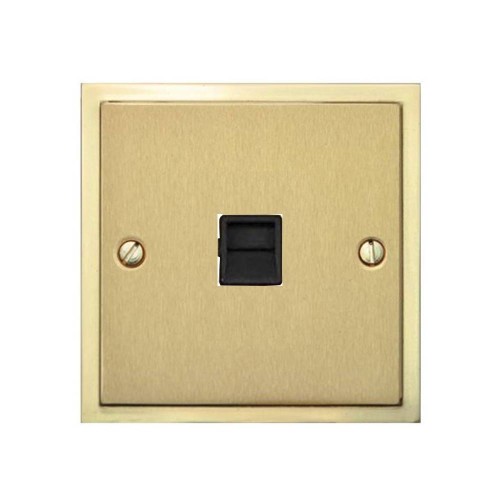1 Gang Master Line Telephone Socket in Satin Brass Plate with Polished Brass Edge and Black Trim, Elite Stepped Flat Plate