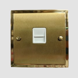 1 Gang Secondary Line Telephone Socket in Satin Brass Plate with Polished Brass Edge and White Trim, Elite Stepped Flat Plate