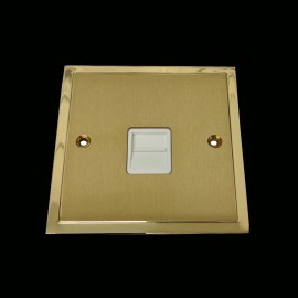 1 Gang Master Line Telephone Socket in Satin Brass Plate with Polished Brass Edge and White Trim, Elite Stepped Flat Plate