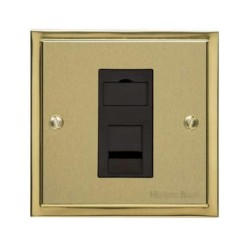 1 Gang RJ45 Data Socket in Satin Brass Plate with Polished Brass Edge and Black Trim, Elite Stepped Flat Plate