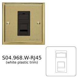 1 Gang RJ45 Data Socket in Satin Brass Plate with Polished Brass Edge and White Trim, Elite Stepped Flat Plate