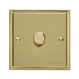 1 Gang 2 Way Trailing Edge LED Dimmer 10-120W in Satin Brass Plate with Polished Brass Edge and Dimmer Knob, Elite Stepped Flat Plate