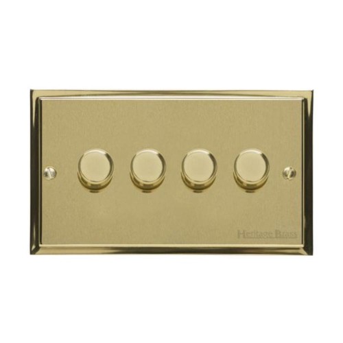 4 Gang 2 Way Trailing Edge LED Dimmer 10-120W in Satin Brass Plate with Polished Brass Edge and Dimmer Knobs, Elite Stepped Flat Plate