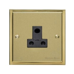 1 Gang 5A 3 Round Pin Socket Unswitched in Satin Brass Plate with Polished Brass Edge and Black Trim, Elite Stepped Flat Plate