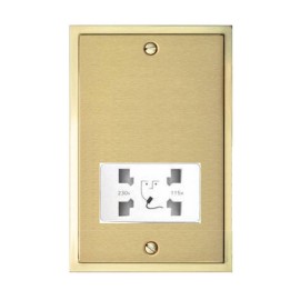 Shaver Socket Dual Output Voltage 110/240V in Satin Brass Plate with Polished Brass Edge and White Trim, Elite Stepped Flat Plate