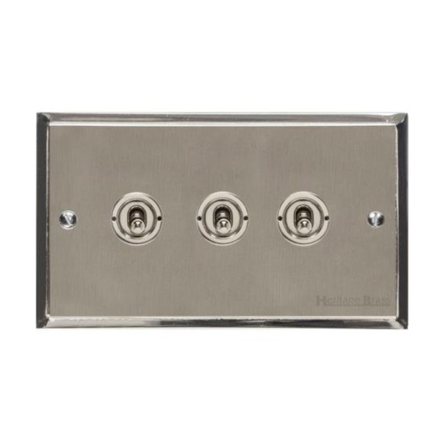 3 Gang 2 Way 20A Dolly Switch in Satin Nickel Elite Stepped Flat Plate with Polished Nickel Edge and Dolly