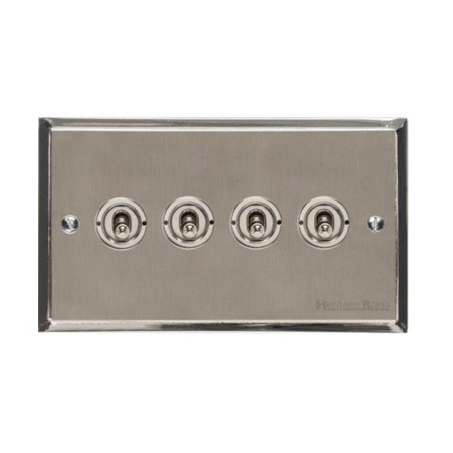 4 Gang 2 Way 20A Dolly Switch in Satin Nickel Elite Stepped Flat Plate with Polished Nickel Edge and Toggle