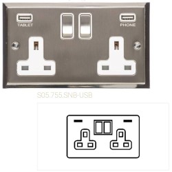 2 Gang 13A Socket with 2 USB Sockets Satin Nickel Elite Stepped Flat Plate with Polished Nickel Edge and Rockers with Black Plastic Insert