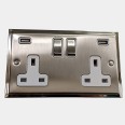 2 Gang 13A Socket with 2 USB Sockets Satin Nickel Elite Stepped Flat Plate with Polished Nickel Edge and Rockers with White Plastic Insert