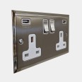 2 Gang 13A Socket with 2 USB Sockets Satin Nickel Elite Stepped Flat Plate with Polished Nickel Edge and Rockers with White Plastic Insert