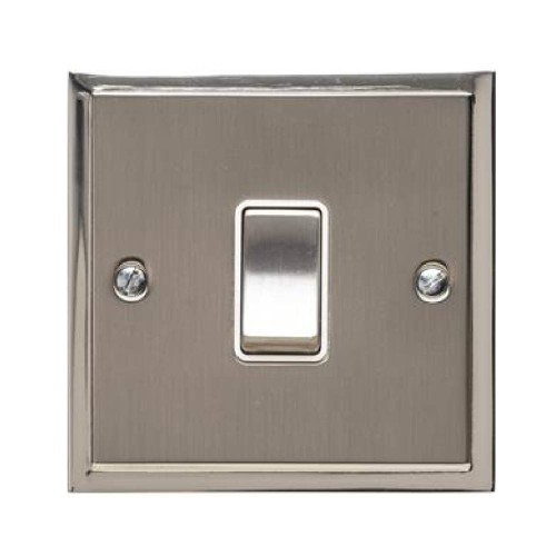 1 Gang 2 Way 10A Rocker Switch in Satin Nickel with Polished Nickel Edge and Rocker and White Trim, Elite Stepped Flat Plate