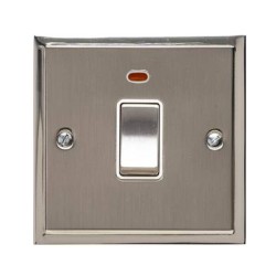 1 Gang 20A Double Pole Switch with Neon in Satin Nickel with Polished Nickel Edge and Rocker and White Trim, Elite Stepped Flat Plate