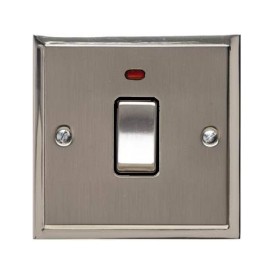 1 Gang 20A Double Pole Switch with Neon in Satin Nickel with Polished Nickel Edge and Rocker and Black Trim, Elite Stepped Flat Plate