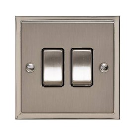 2 Gang 2 Way 10A Rocker Switch in Satin Nickel with Polished Nickel Edge and Rocker and Black Trim, Elite Stepped Flat Plate