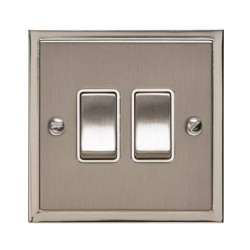 2 Gang 2 Way 10A Rocker Switch in Satin Nickel with Polished Nickel Edge and Rocker and White Trim, Elite Stepped Flat Plate