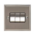 3 Gang 2 Way 10A Rocker Switch in Satin Nickel with Polished Nickel Edge and Rocker and Black Trim, Elite Stepped Flat Plate