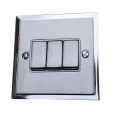 3 Gang 2 Way 10A Rocker Switch in Satin Nickel with Polished Nickel Edge and Rocker and White Trim, Elite Stepped Flat Plate