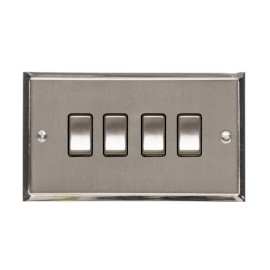 4 Gang 2 Way 10A Rocker Switch in Satin Nickel with Polished Nickel Edge and Rocker and Black Trim, Elite Stepped Flat Plate