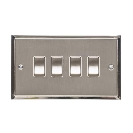 4 Gang 2 Way 10A Rocker Switch in Satin Nickel with Polished Nickel Edge and Rocker and White Trim, Elite Stepped Flat Plate