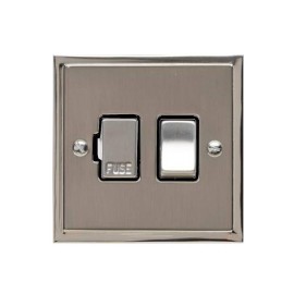 13A Switched Fused Spur in Satin Nickel Plate with Polished Nickel Edge and Rocker and Black Trim, Elite Stepped Flat Plate