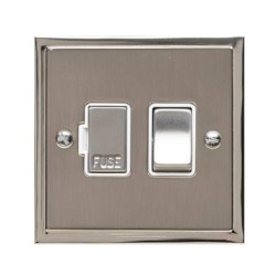 13A Switched Fused Spur in Satin Nickel Plate with Polished Nickel Edge and Rocker and White Trim, Elite Stepped Flat Plate