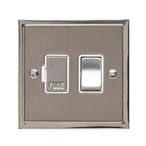 13A Switched Fused Spur in Satin Nickel Plate with Polished Nickel Edge and Rocker and White Trim, Elite Stepped Flat Plate