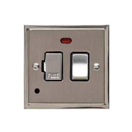 13A Switched Fused Spur with Neon and Cord in Satin Nickel Plate with Polished Nickel Edge and Rocker and Black Trim, Elite Stepped Flat Plate