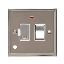 13A Switched Fused Spur with Neon and Cord in Satin Nickel Plate with Polished Nickel Edge and Rocker and White Trim, Elite Stepped Flat Plate
