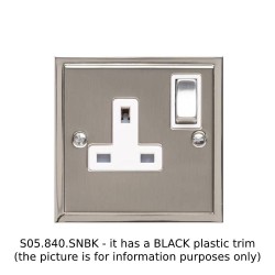 1 Gang 13A Switched Single Socket in Satin Nickel Plate with Polished Nickel Edge and Rocker and Black Trim, Elite Stepped Flat Plate