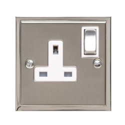 13A Switched Single Socket in Satin Nickel Plate with Polished Nickel Edge and Rocker and White Trim, Elite Stepped Flat Plate