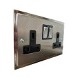 2 Gang 13A Switched Double Socket in Satin Nickel Plate with Polished Nickel Edge and Rocker and Black Trim, Elite Stepped Flat Plate