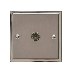 1 Gang Non-Isolated TV Coaxial Socket in Satin Nickel Plate with Polished Nickel Edge and Black Trim, Elite Stepped Flat Plate
