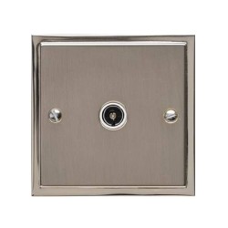 1 Gang Non-Isolated TV Coaxial Socket in Satin Nickel Plate with Polished Nickel Edge and White Trim, Elite Stepped Flat Plate