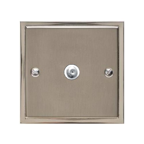 1 Gang Satellite Socket in Satin Nickel Plate with Polished Nickel Edge and White Trim, Elite Stepped Flat Plate
