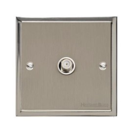 1 Gang Satellite Socket in Satin Nickel Plate with Polished Nickel Edge and White Trim, Elite Stepped Flat Plate