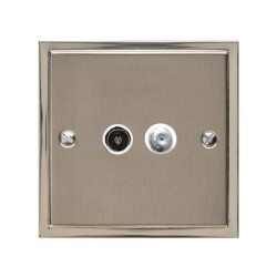 TV / Satellite Socket in Satin Nickel Plate with Polished Nickel Edge and White Trim, Elite Stepped Flat Plate